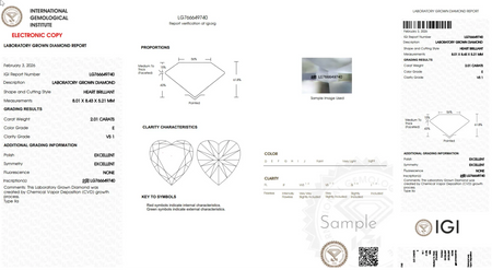 IGI lab grown diamond report showing heart brilliant 2.01 carat diamond, VS1 clarity, E color.