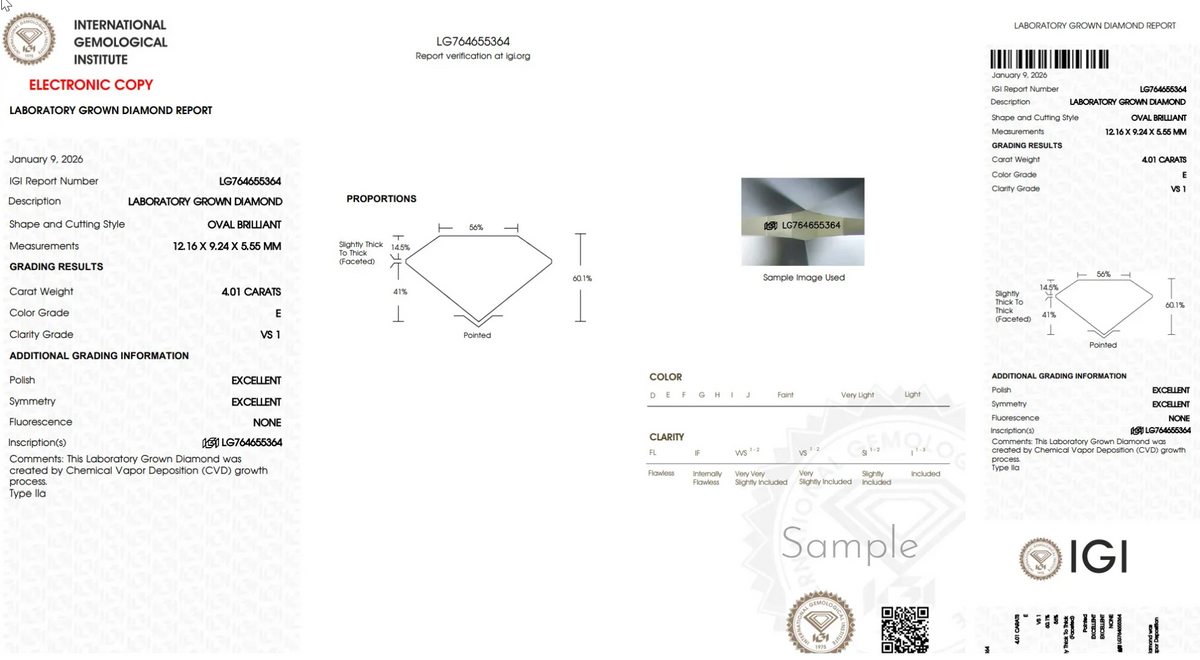 Lab-grown diamond grading report for 4.01 carat oval brilliant, E color, VS1 clarity