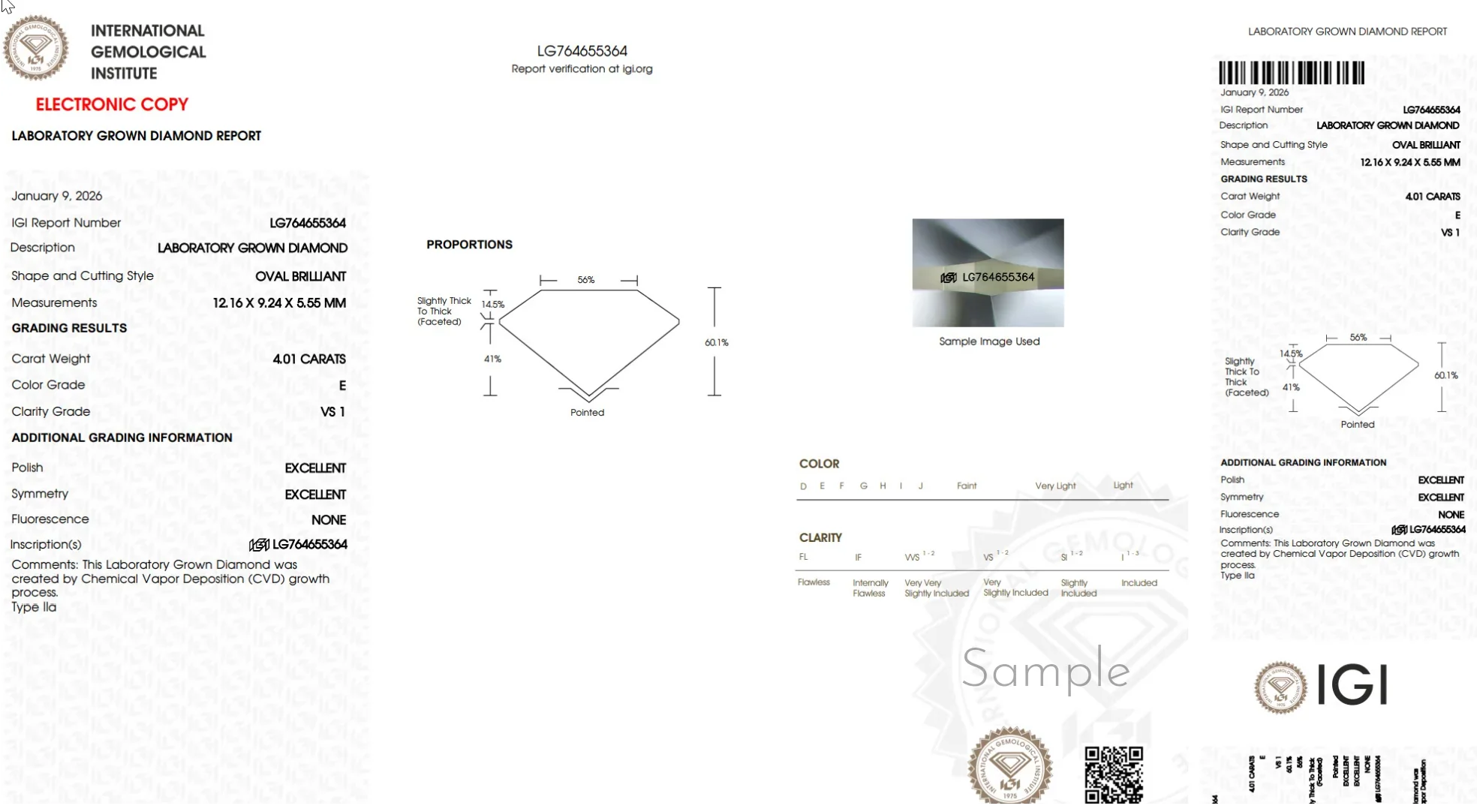 Lab-grown diamond grading report for 4.01 carat oval brilliant, E color, VS1 clarity