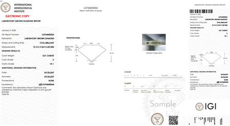 Lab-grown diamond grading report for 4.01 carat oval brilliant, E color, VS1 clarity