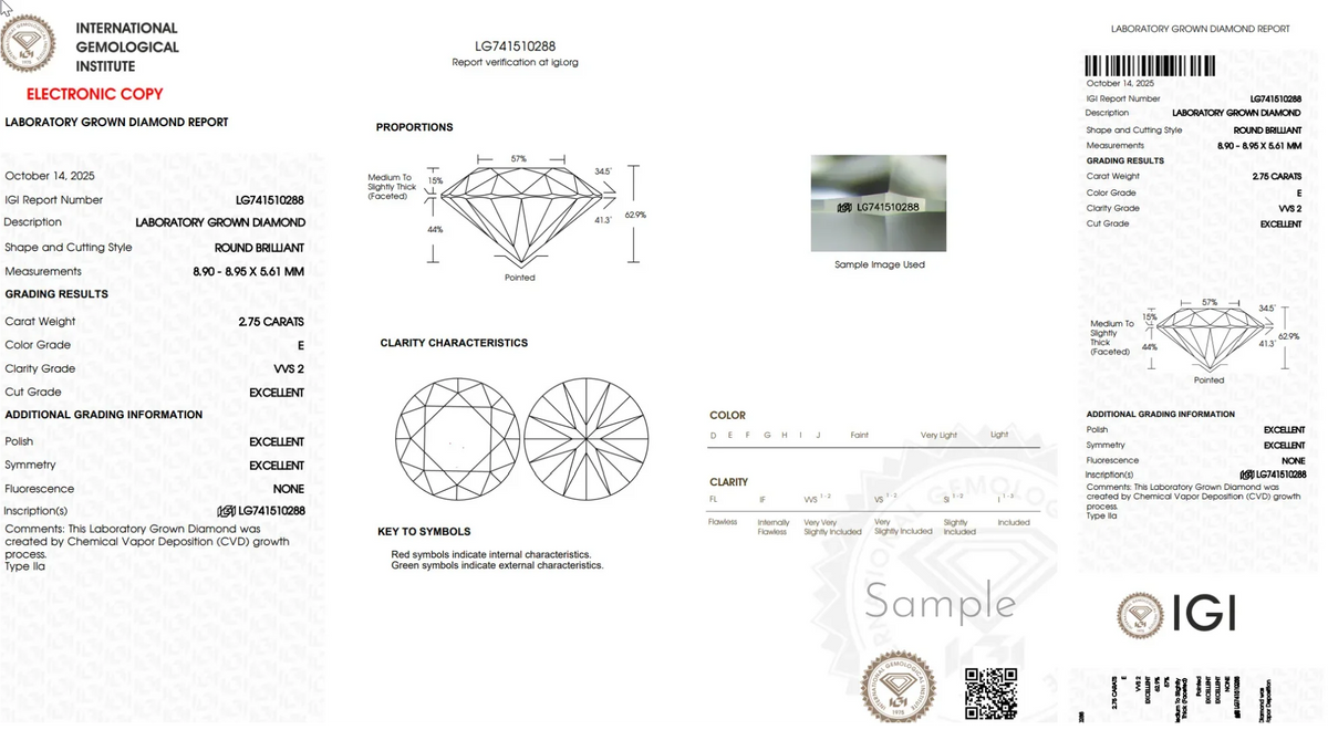IGI laboratory grown diamond grading report for round brilliant 2.75 carat VVS2