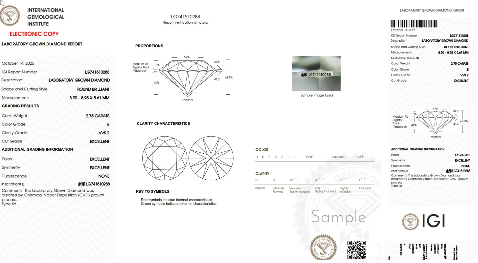 IGI laboratory grown diamond grading report for round brilliant 2.75 carat VVS2
