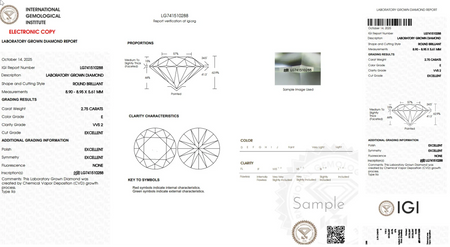 IGI laboratory grown diamond grading report for round brilliant 2.75 carat VVS2