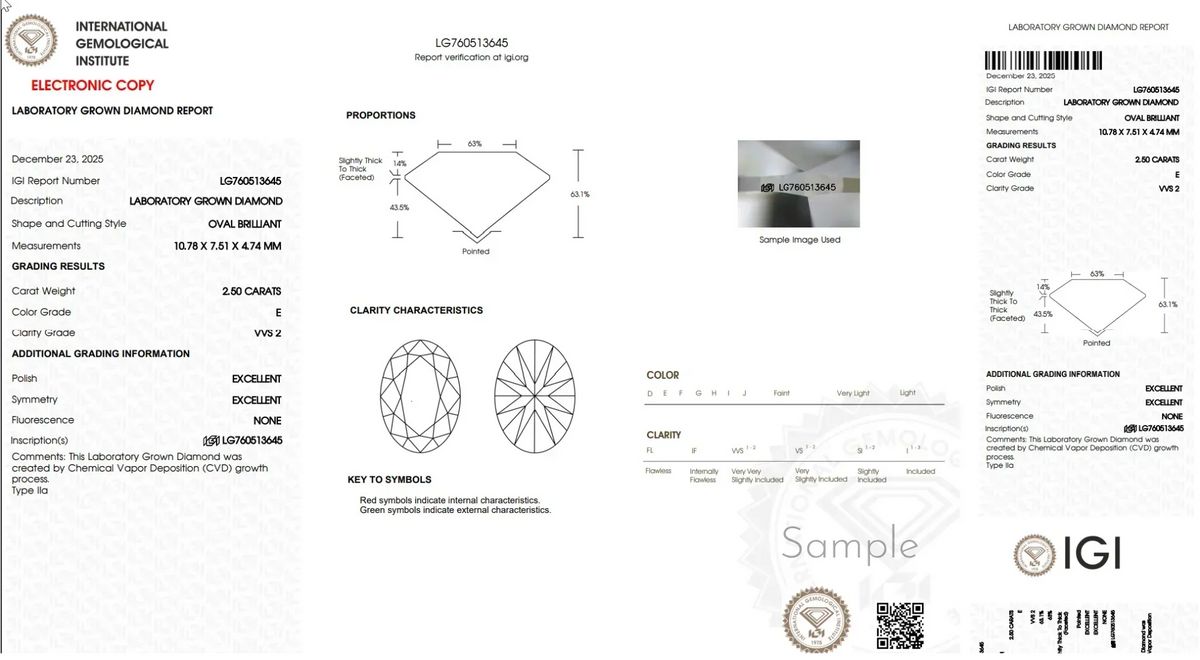 IGI laboratory grown diamond report for 2.5 carat oval brilliant, VVS2 clarity, E color