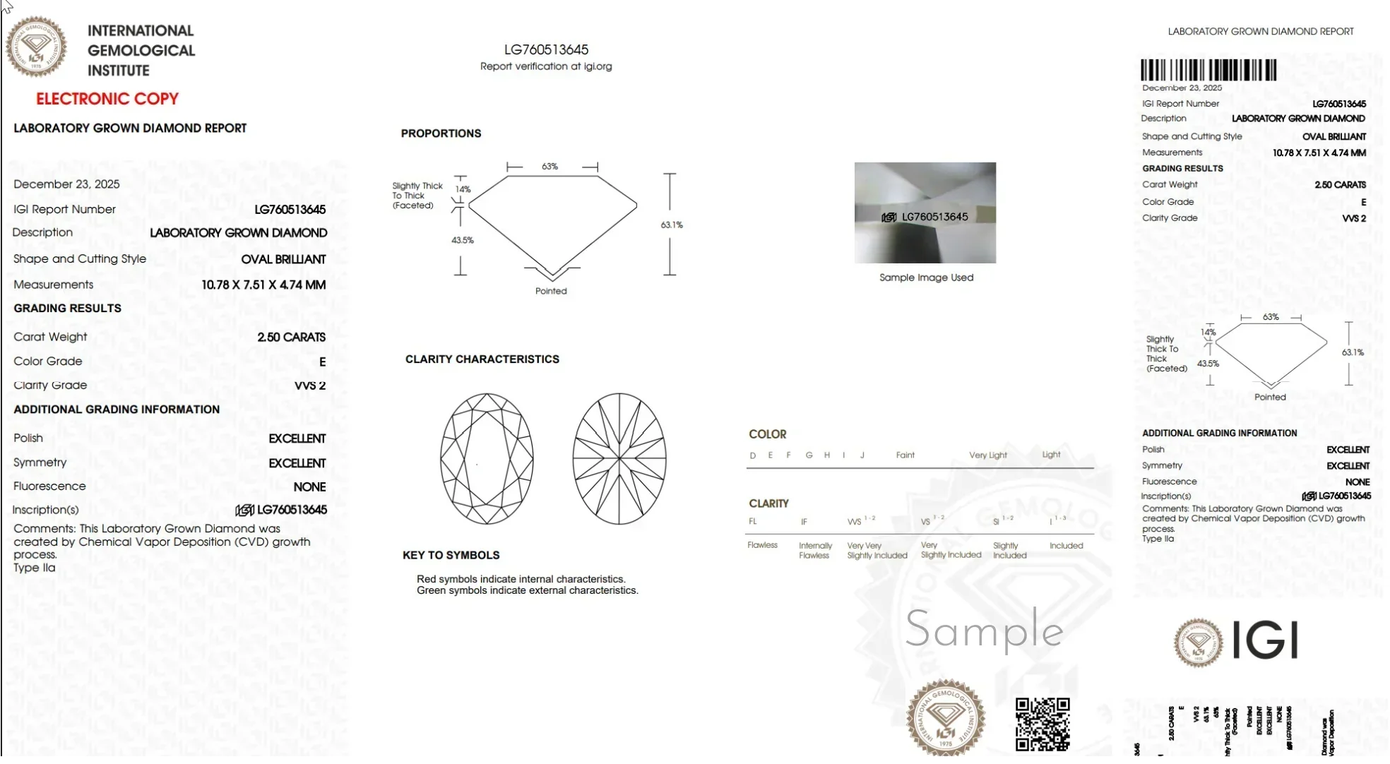 IGI laboratory grown diamond report for 2.5 carat oval brilliant, VVS2 clarity, E color