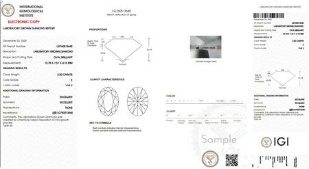 IGI laboratory grown diamond report for 2.5 carat oval brilliant, VVS2 clarity, E color
