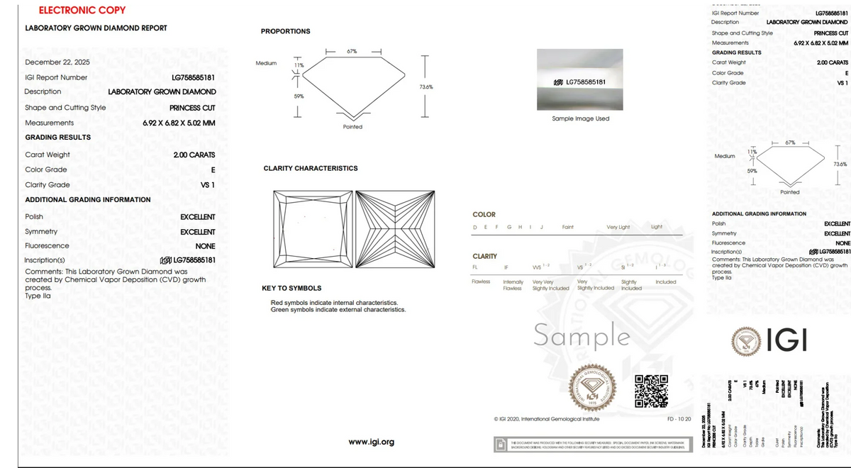 Lab-grown diamond grading report showing princess cut, 2.00 carats, clarity VS1, color E.