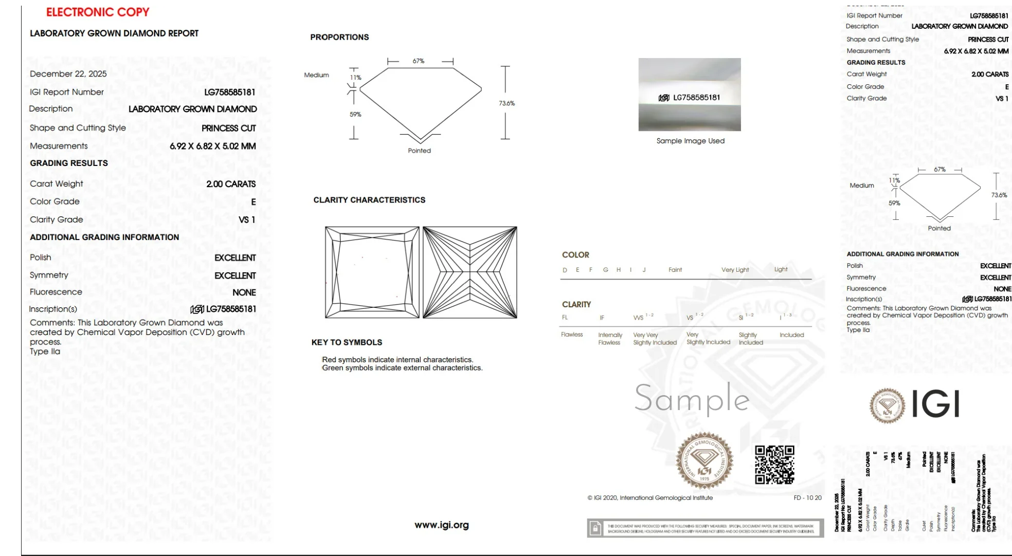 Lab-grown diamond grading report showing princess cut, 2.00 carats, clarity VS1, color E.