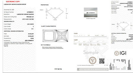 Lab-grown diamond grading report showing princess cut, 2.00 carats, clarity VS1, color E.