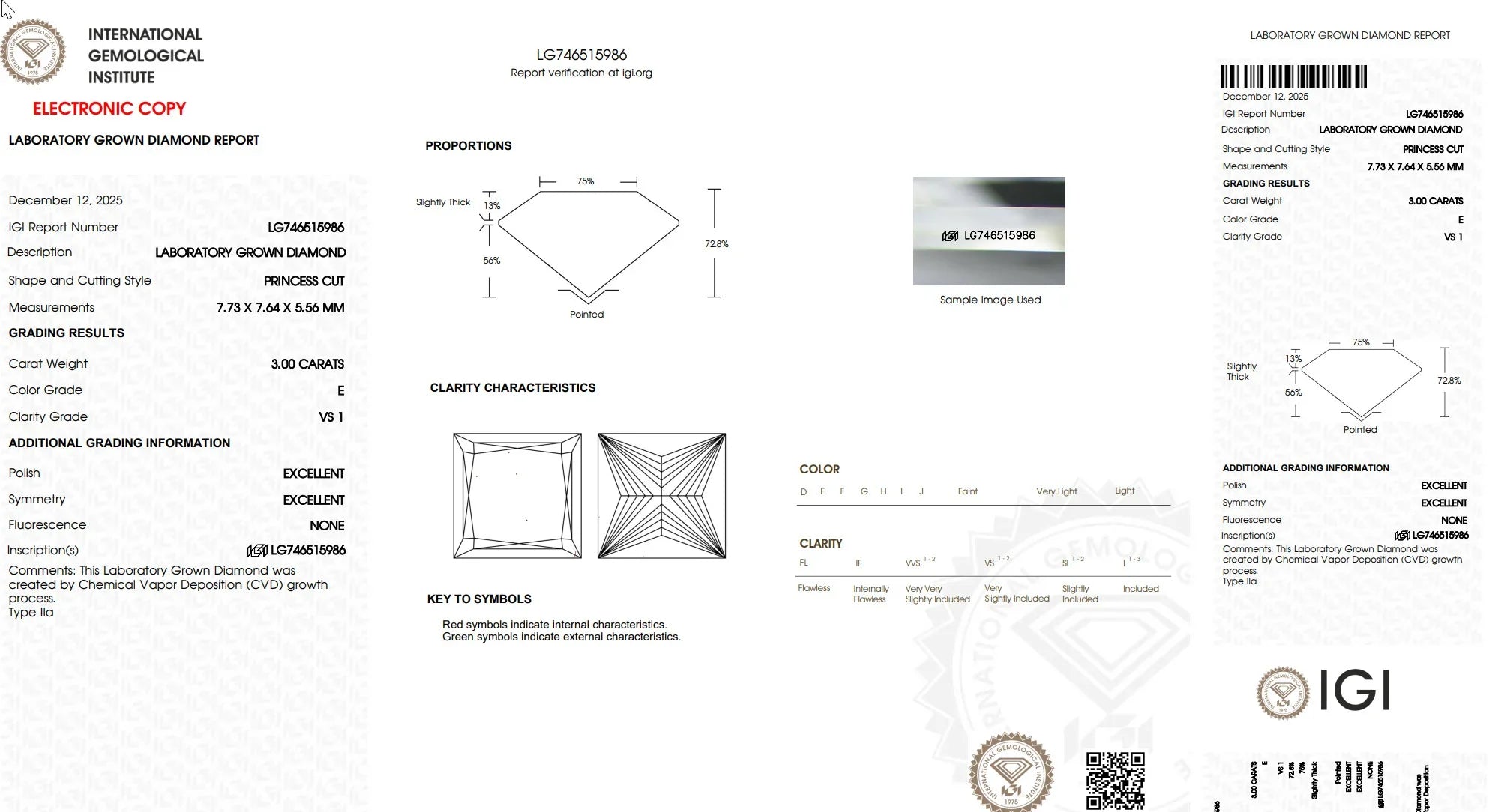 IGI lab grown diamond report with princess cut grading, 3 carats, E color, VS1 clarity