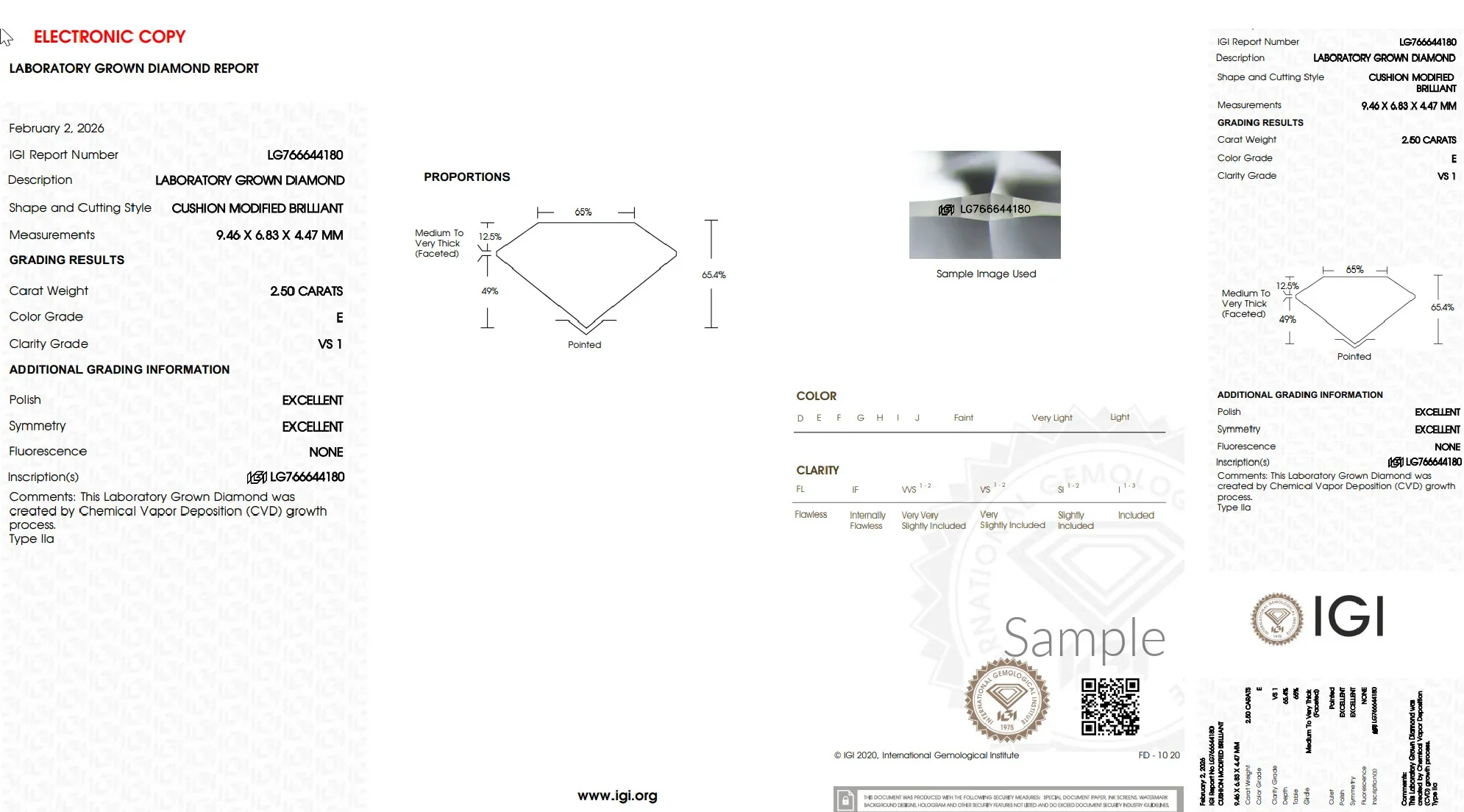 Laboratory grown diamond certification report for 2.50 carat cushion modified brilliant, E color, VS1 clarity.