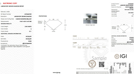 Laboratory grown diamond certification report for 2.50 carat cushion modified brilliant, E color, VS1 clarity.