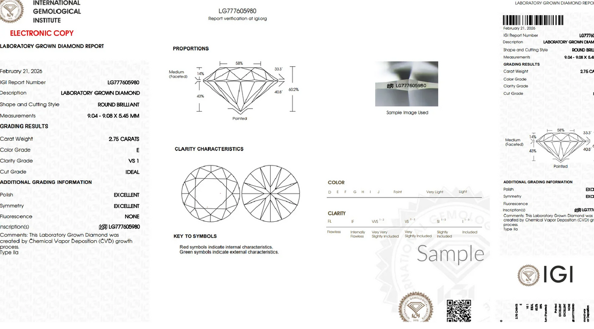 IGI lab-grown diamond grading report for 2.75 carat round brilliant, E color, VS1 clarity