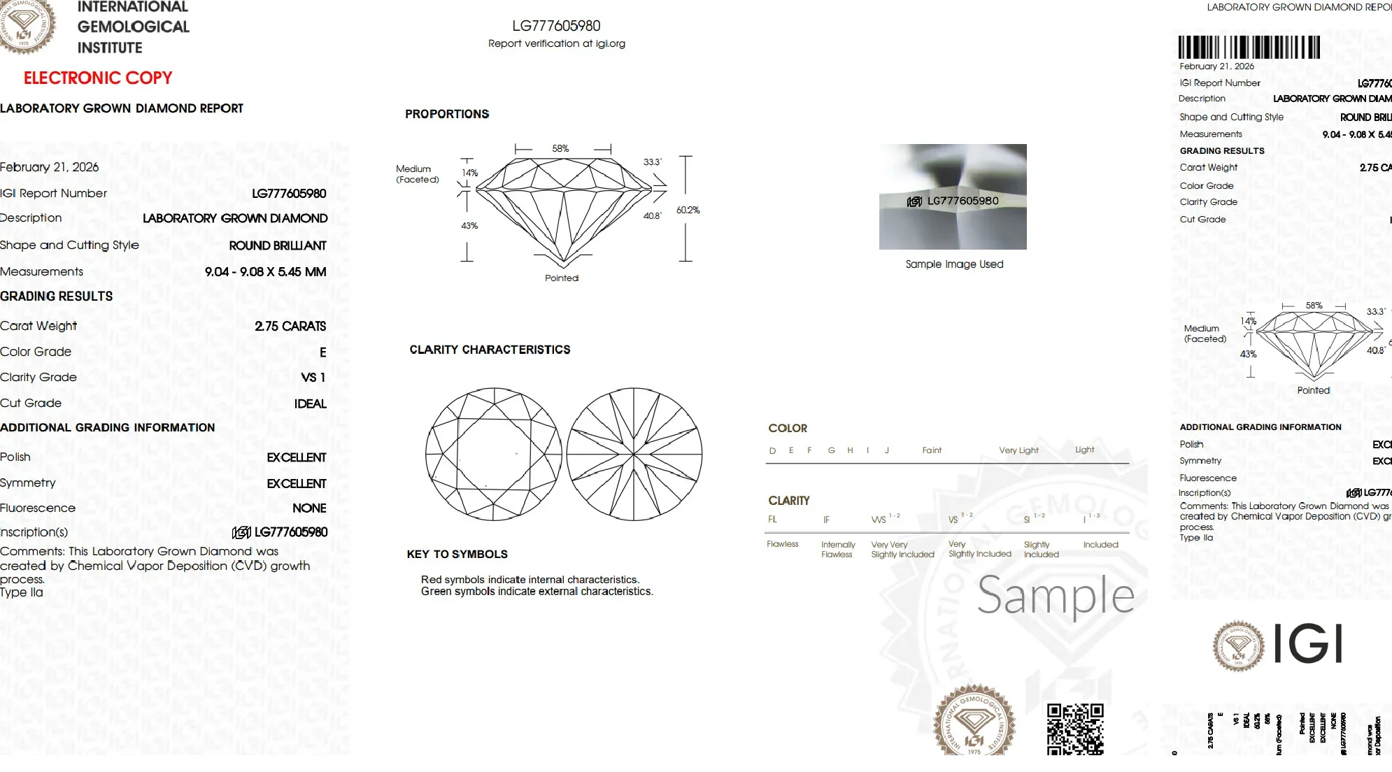 IGI lab-grown diamond grading report for 2.75 carat round brilliant, E color, VS1 clarity