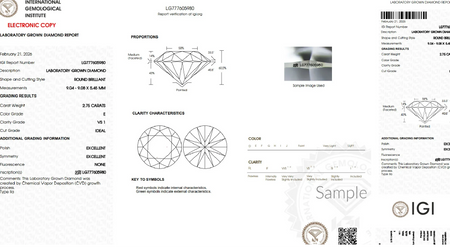 IGI lab-grown diamond grading report for 2.75 carat round brilliant, E color, VS1 clarity