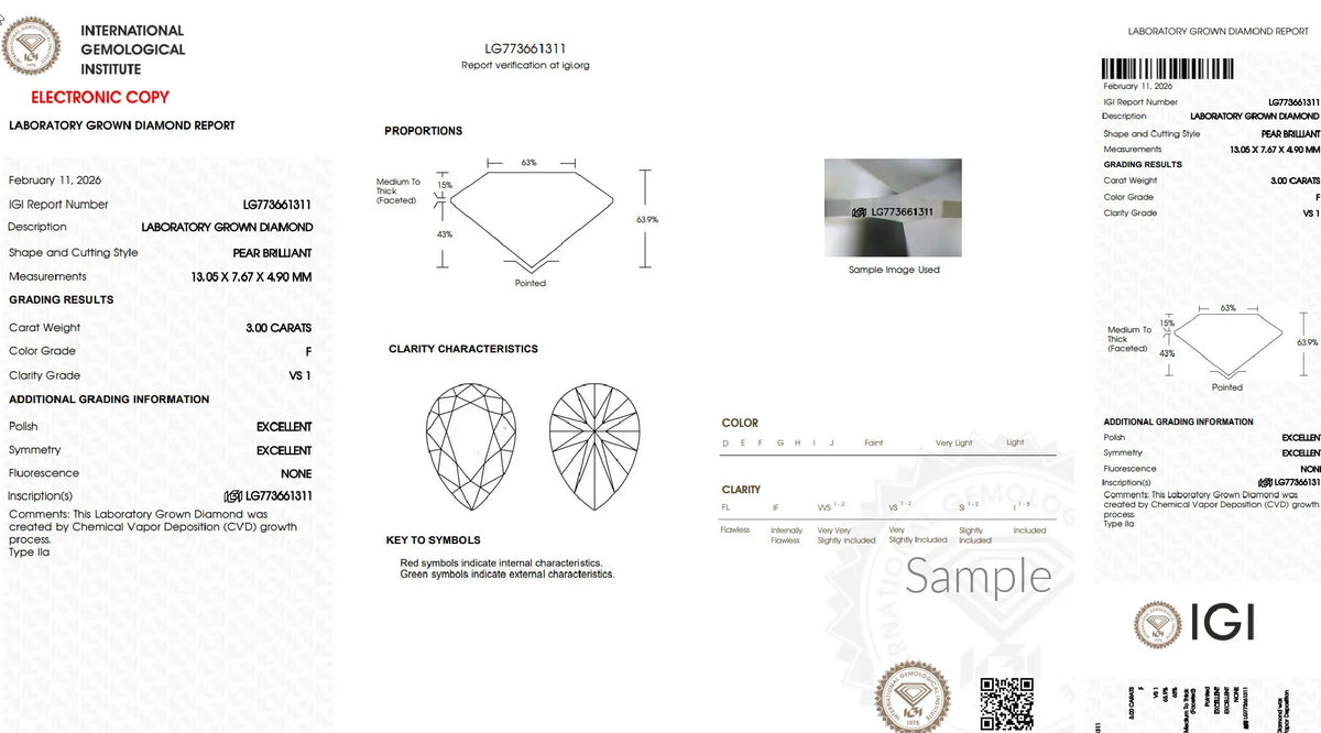 Lab grown pear brilliant diamond grading report showing carat, color F, clarity VS1, and proportions chart.