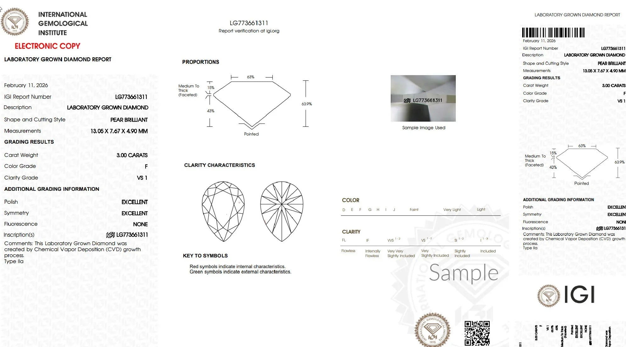 Lab grown pear brilliant diamond grading report showing carat, color F, clarity VS1, and proportions chart.