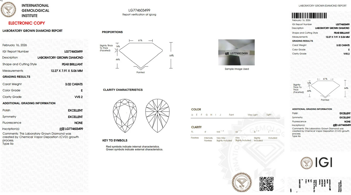 IGI laboratory grown diamond report for 3.02 carat pear brilliant, E color, VVS2 clarity.