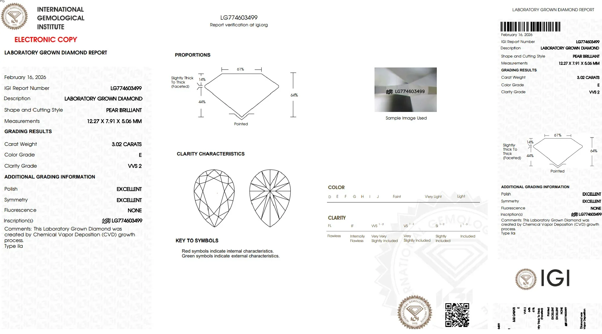 IGI laboratory grown diamond report for 3.02 carat pear brilliant, E color, VVS2 clarity.