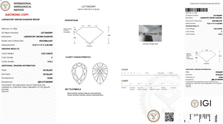 IGI laboratory grown diamond report for 3.02 carat pear brilliant, E color, VVS2 clarity.