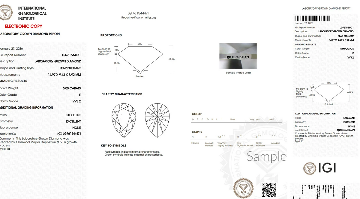 IGI laboratory grown diamond report for 5 carat pear brilliant, color E, clarity VVS2