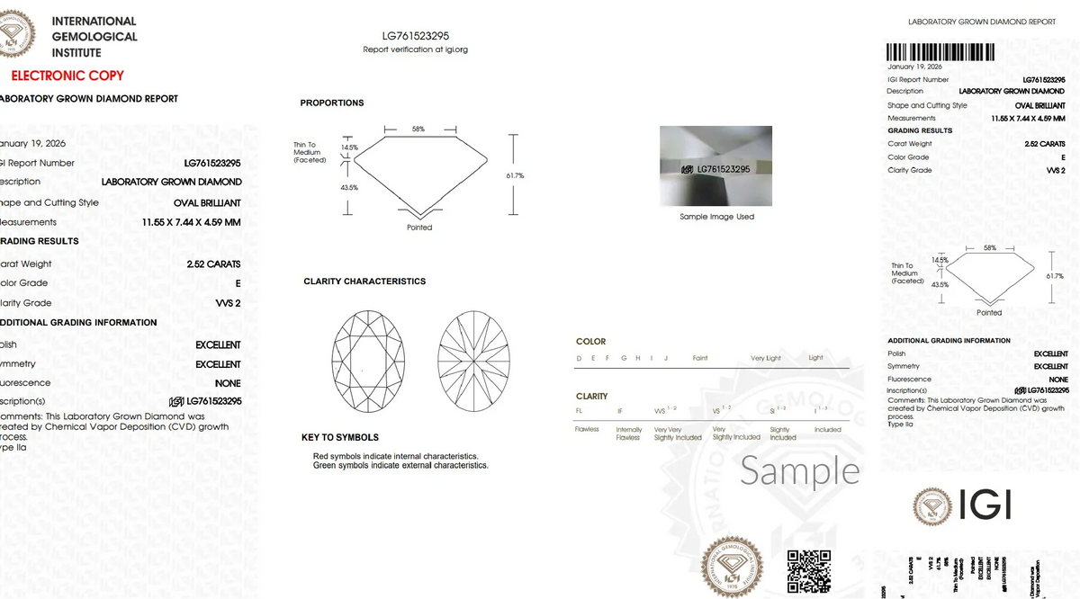 IGI lab grown diamond grading report for 2.52 carat oval brilliant, VVS2 clarity, E color