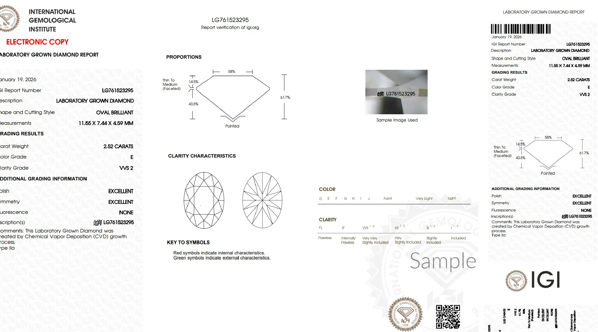 IGI lab grown diamond grading report for 2.52 carat oval brilliant, VVS2 clarity, E color