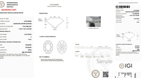 IGI lab grown diamond grading report for 2.52 carat oval brilliant, VVS2 clarity, E color