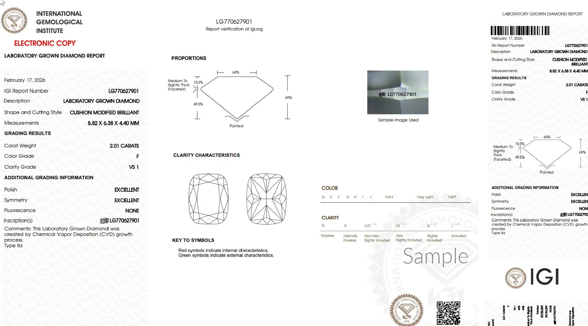 IGI lab grown diamond certificate for 2.01 carat cushion cut diamond, F color, VS1 clarity
