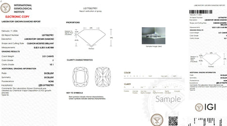 IGI lab grown diamond certificate for 2.01 carat cushion cut diamond, F color, VS1 clarity