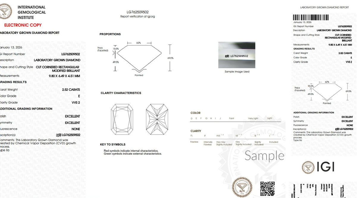 Lab grown diamond grading report with measurements, proportions, clarity, and certification details.