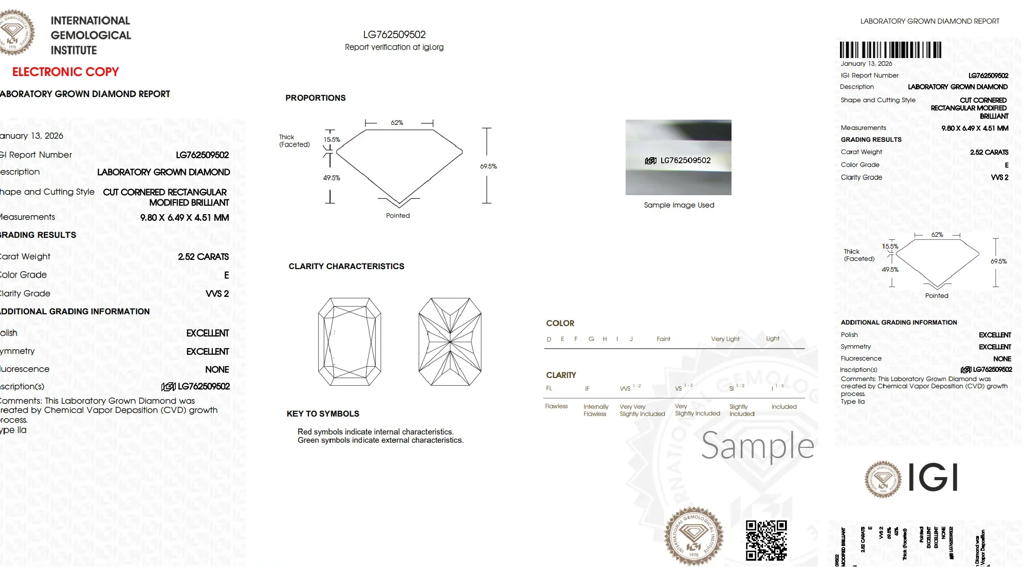 Lab grown diamond grading report with measurements, proportions, clarity, and certification details.