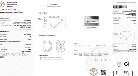 Lab grown diamond grading report with measurements, proportions, clarity, and certification details.