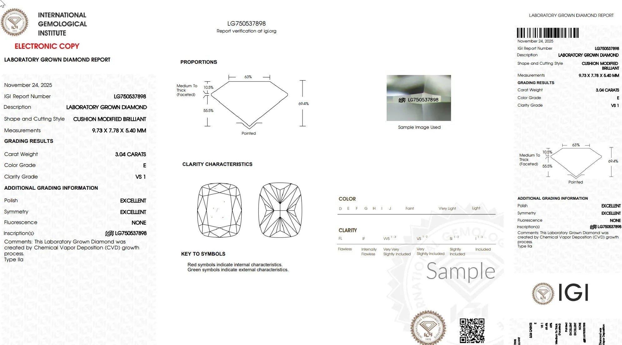 IGI lab grown diamond report for cushion modified brilliant, 3.04 carats, E color, VS1 clarity.