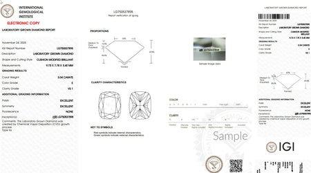IGI lab grown diamond report for cushion modified brilliant, 3.04 carats, E color, VS1 clarity.