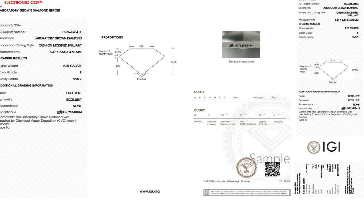 IGI lab grown diamond report for 2.01 carat cushion brilliant, F color, VVS2 clarity