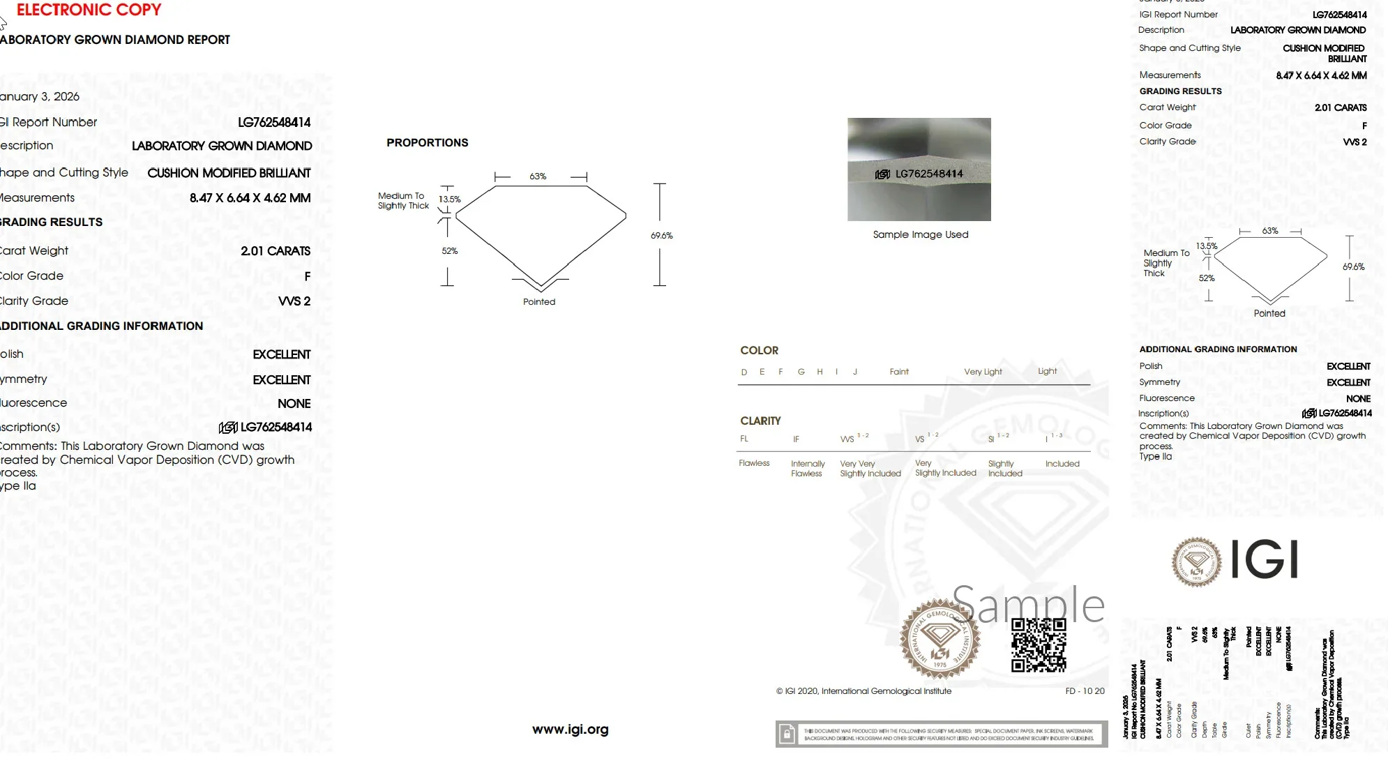 IGI lab grown diamond report for 2.01 carat cushion brilliant, F color, VVS2 clarity