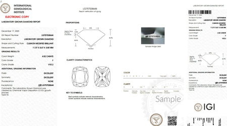 Laboratory grown diamond report showing IGI grading, measurements, carat weight, color, clarity.