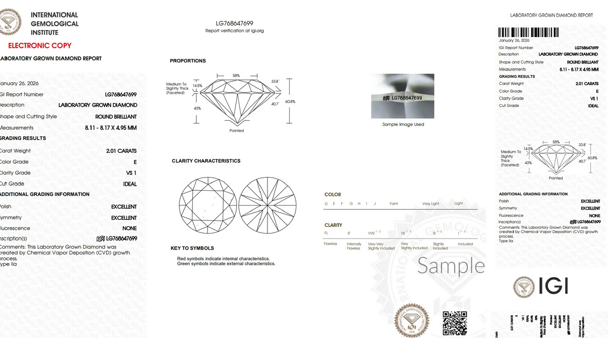 IGI laboratory grown diamond grading report for a 2.01 carat round brilliant stone