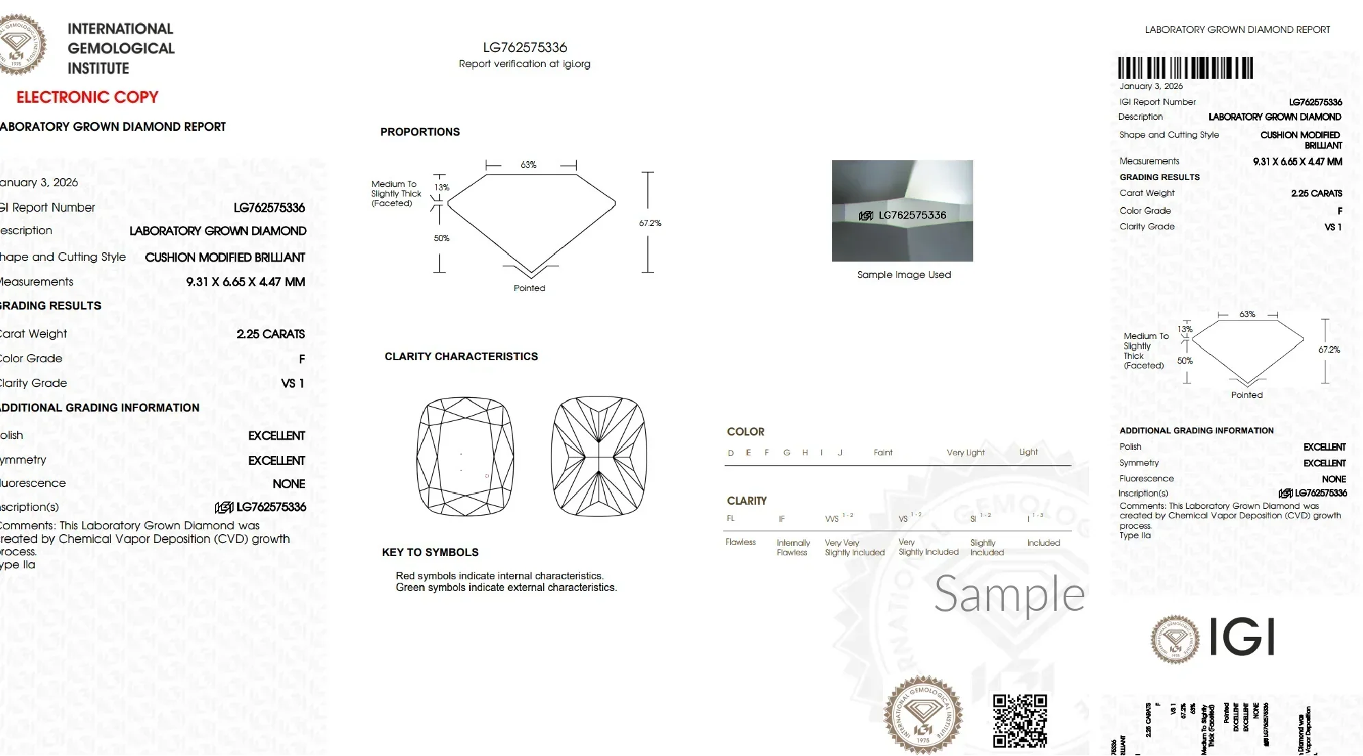 IGI lab grown diamond report for cushion modified brilliant, 2.25 carats, F color, VS1 clarity
