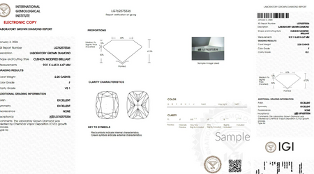IGI lab grown diamond report for cushion modified brilliant, 2.25 carats, F color, VS1 clarity