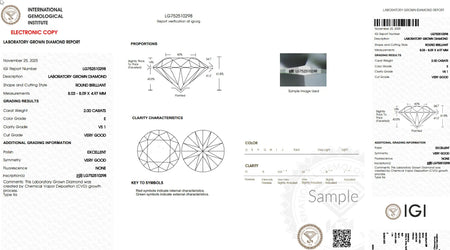 IGI lab-grown diamond certificate for 2.00 carat round brilliant, E color, VS1 clarity