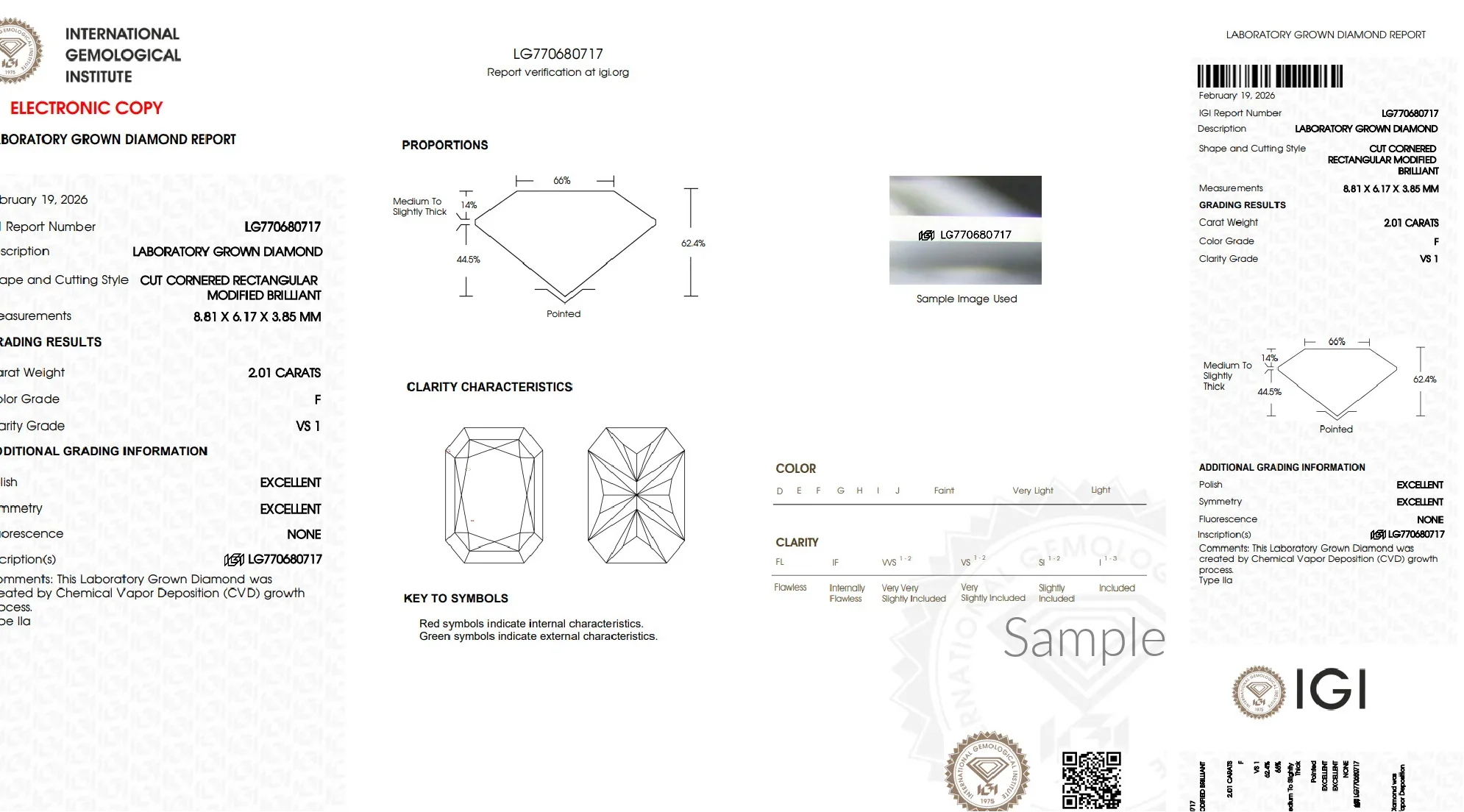 IGI laboratory grown diamond grading report for a 2.01 carat CVD rectangular diamond