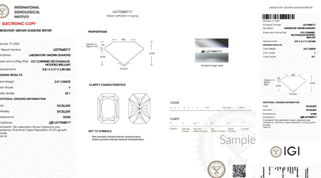 IGI laboratory grown diamond grading report for a 2.01 carat CVD rectangular diamond