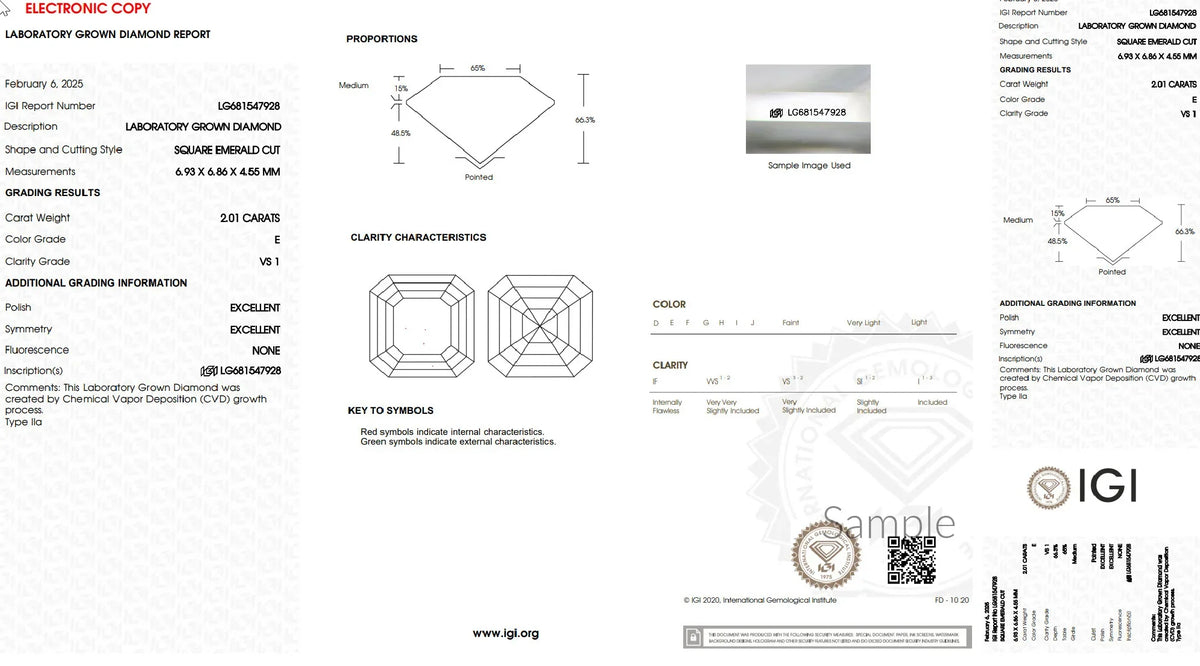 IGI laboratory grown diamond grading report for 2.01 carat square emerald cut, E color, VS1 clarity