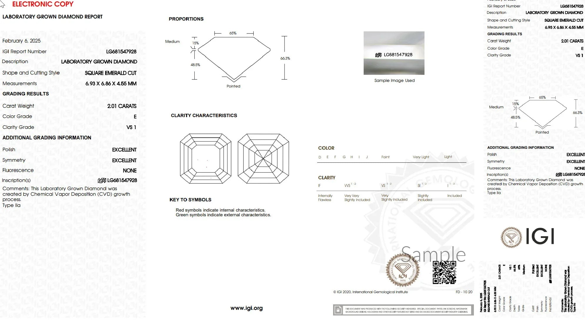 IGI laboratory grown diamond grading report for 2.01 carat square emerald cut, E color, VS1 clarity