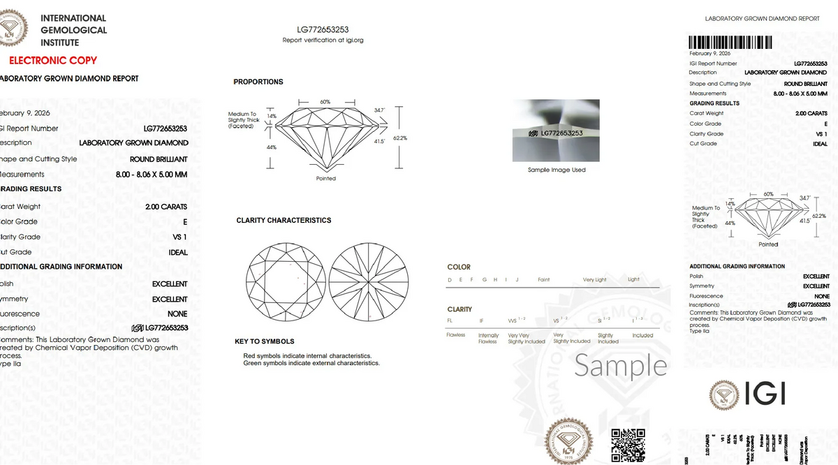 IGI diamond grading report for round brilliant 2.00 carat lab grown diamond, E color, VS1 clarity.