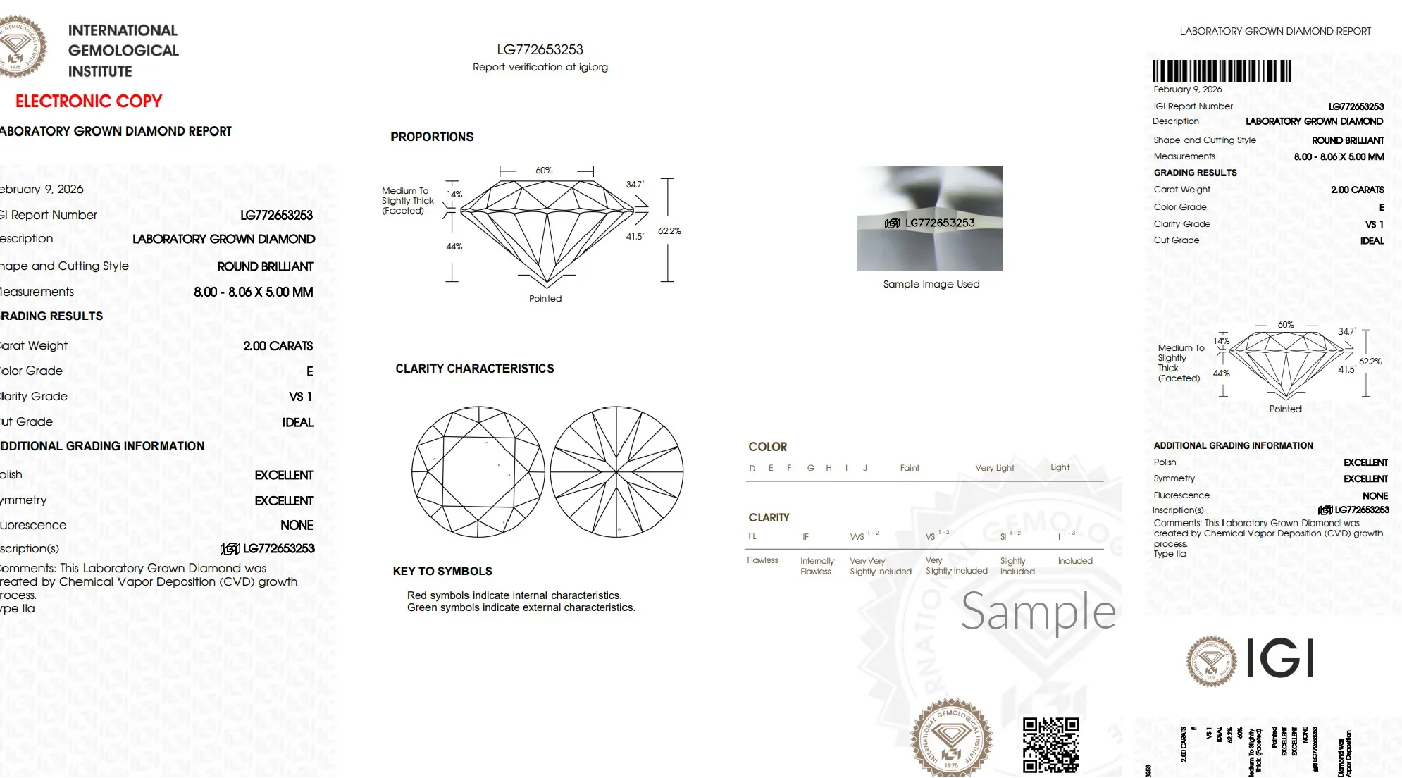 IGI diamond grading report for round brilliant 2.00 carat lab grown diamond, E color, VS1 clarity.