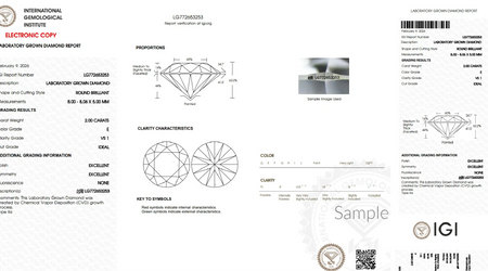 IGI diamond grading report for round brilliant 2.00 carat lab grown diamond, E color, VS1 clarity.