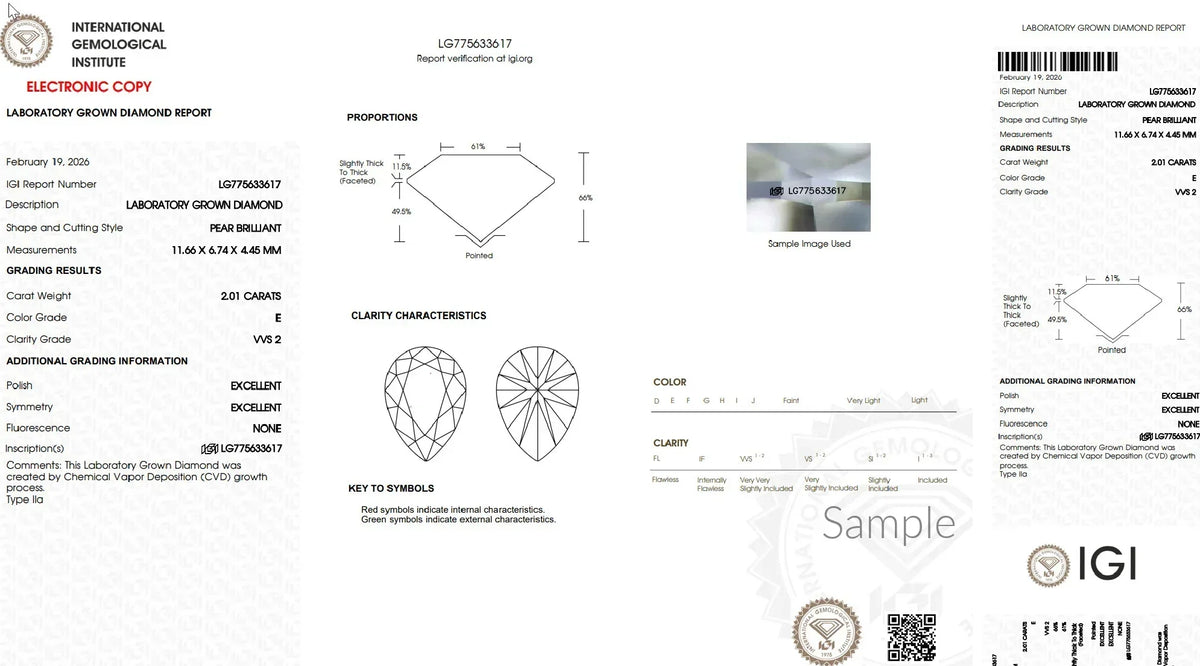 IGI laboratory diamond certificate for a 2.01 carat pear brilliant, VVS2, E color